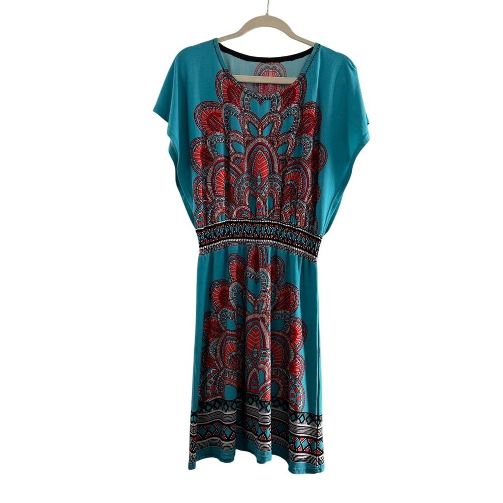 Bohemian-Inspired Turquoise Red Patterned Midi Dress Elastic Waist‎ M Gypsy Swim